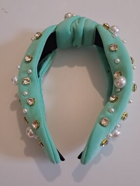 Light Green Faux Pearl & Rhinestone Knotted Headband - Wide, Solid Color